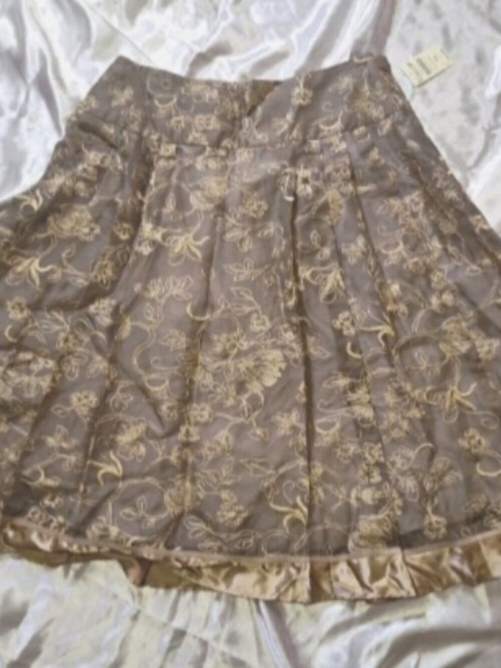 Coldwater Creek 100% Silk Skirt Pleated Gold Floral Embroide Size PMr